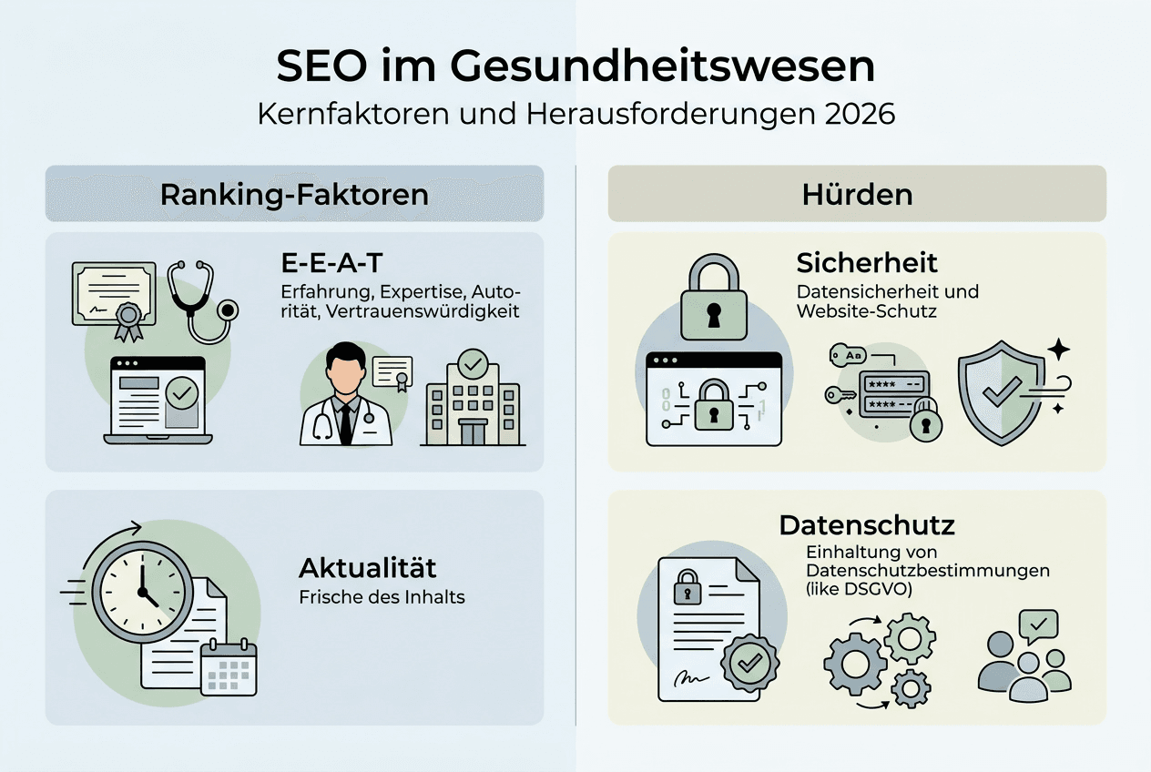 Übersicht: Die wichtigsten SEO-Faktoren im Gesundheitswesen für 2026 auf einen Blick