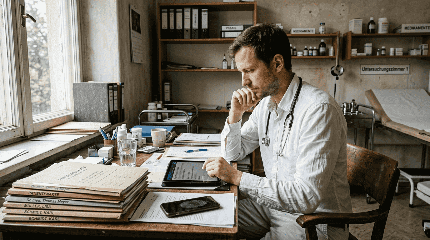 Ein Arzt informiert sich auf seinem Tablet über relevante Suchbegriffe.