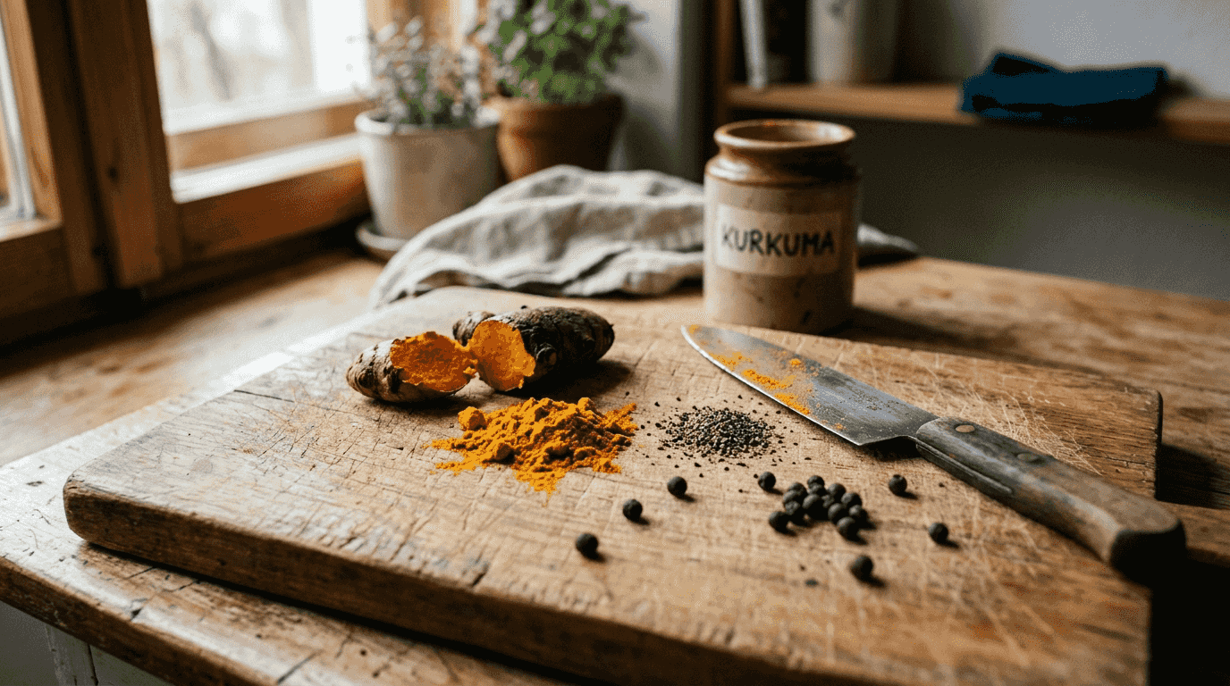 Kurkuma und Pfeffer in einer Detailaufnahme auf einem Holzbrett arrangiert