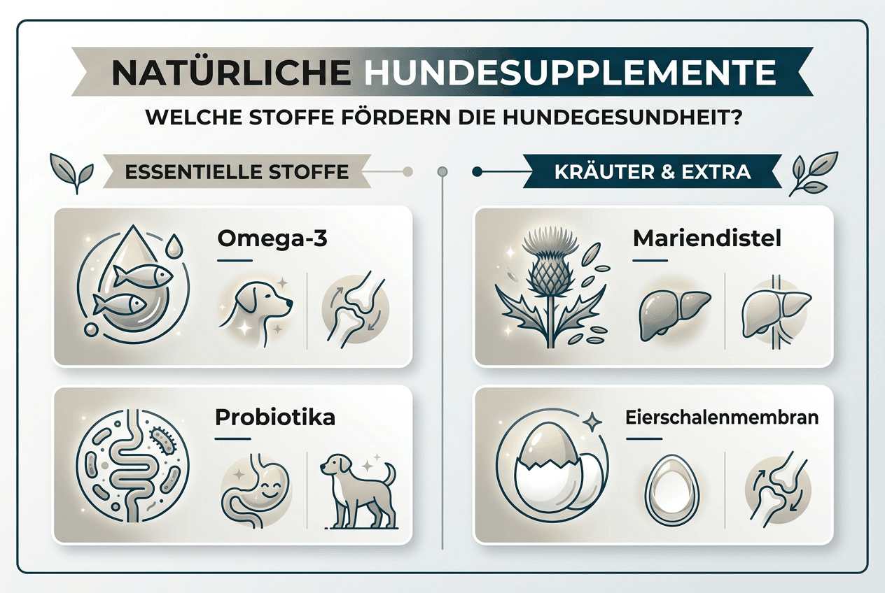 Übersichtliche Infografik: Die wichtigsten Kategorien von Nahrungsergänzungsmitteln für Hunde auf einen Blick