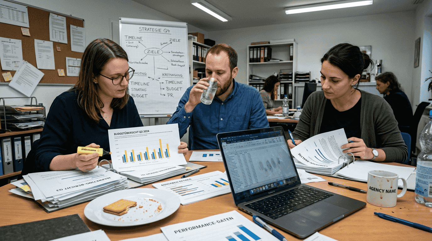 Das Team bespricht das Marketingbudget sowie die bisherigen Ergebnisse.