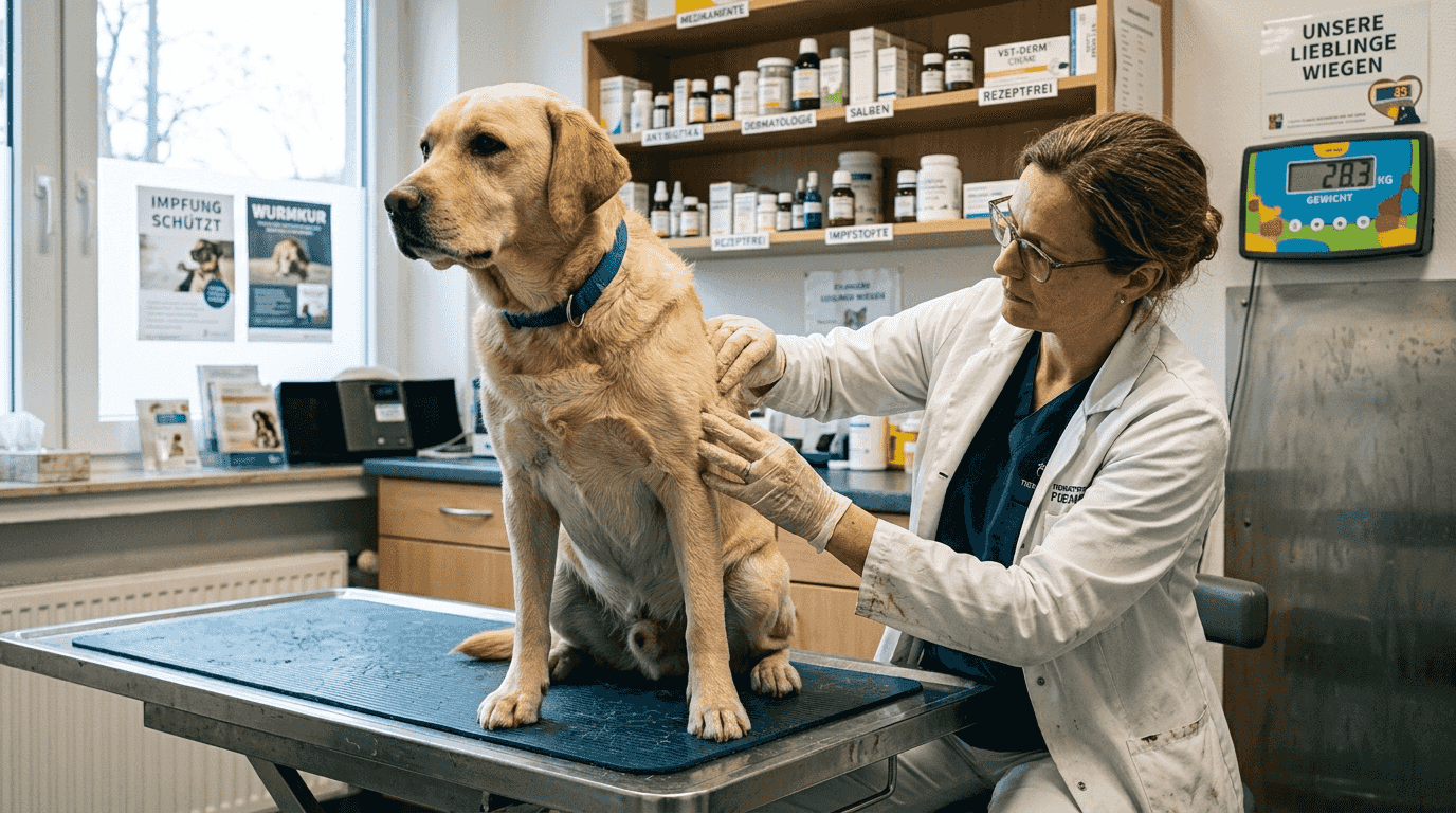 Eine Tierärztin geht den möglichen Allergien eines Hundes auf den Grund.