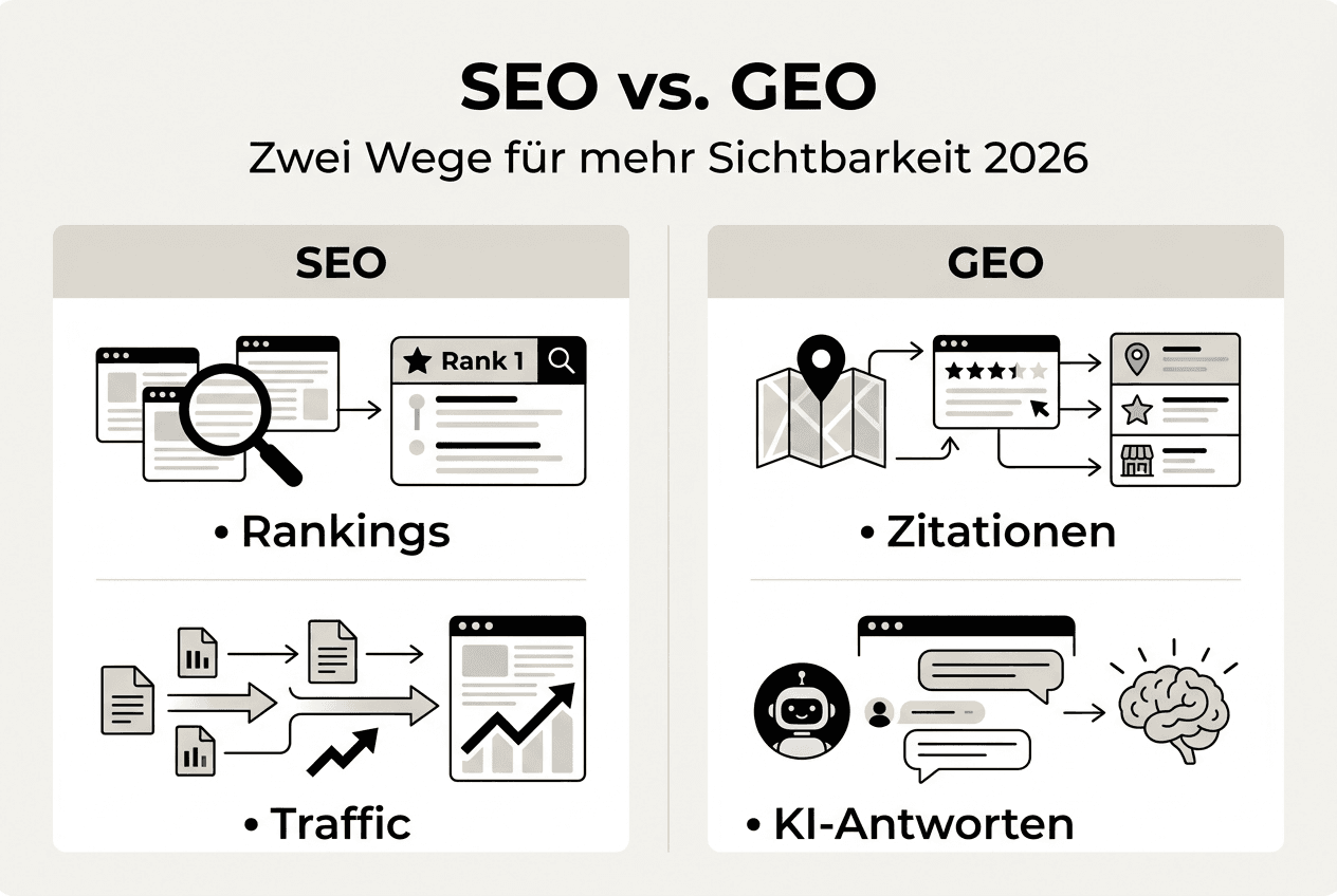 Vergleichende Infografik: SEO und GEO im Überblick