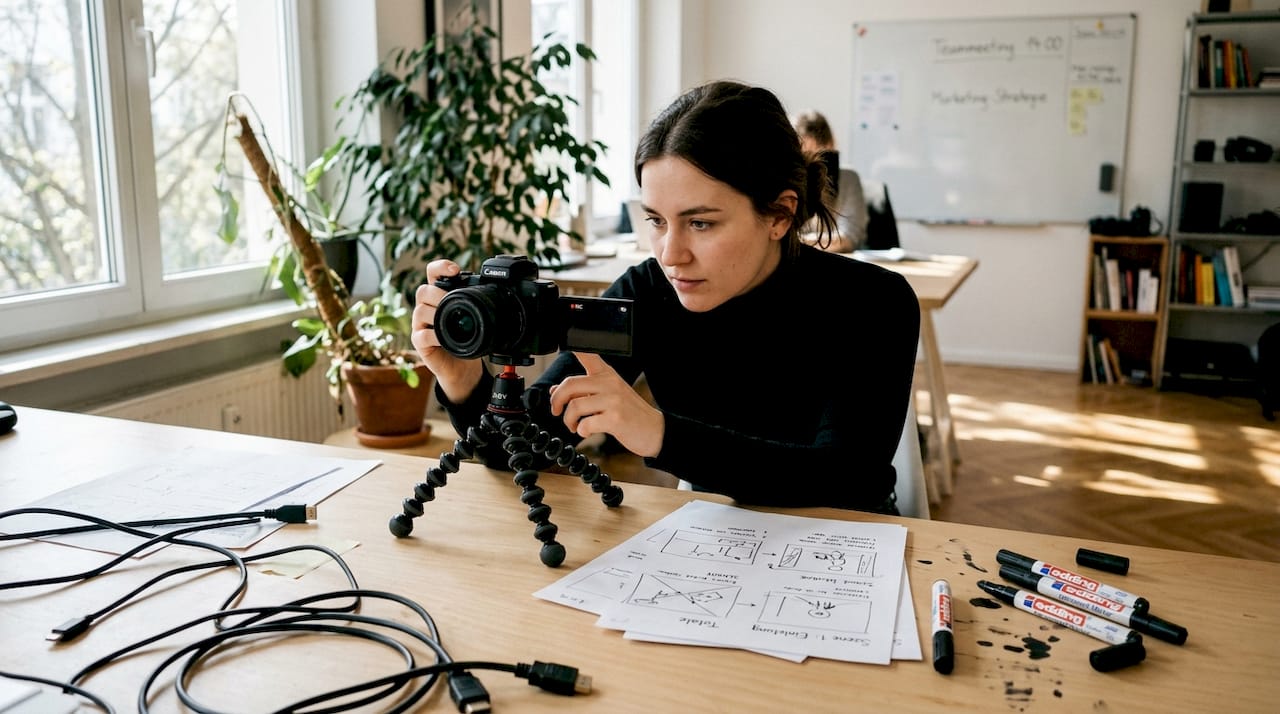 Eine Mitarbeiterin produziert vor Ort im Agenturbüro eigene Videoinhalte.