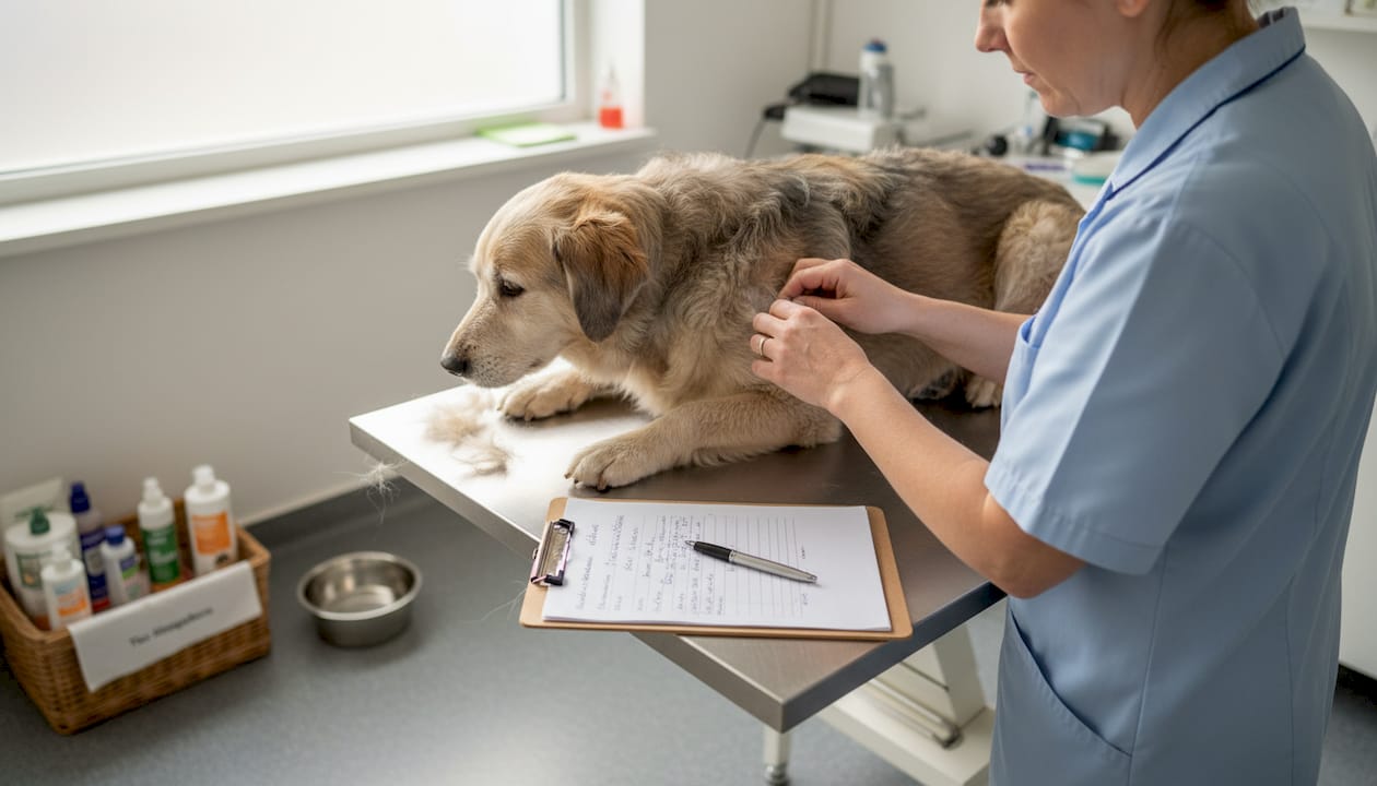 Der Tierarzt untersucht die Haut eines älteren Hundes, um dessen Gesundheit zu überprüfen.