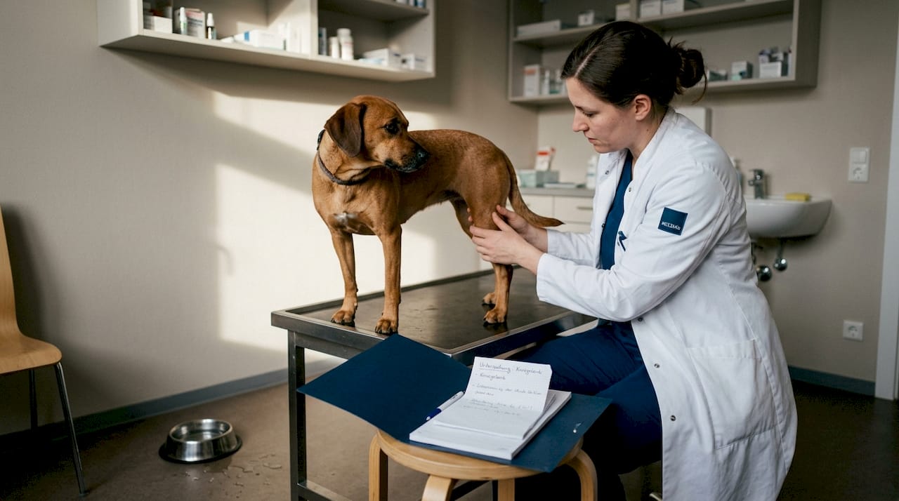 Die Tierärztin checkt den Hund auf mögliche Gelenkbeschwerden.