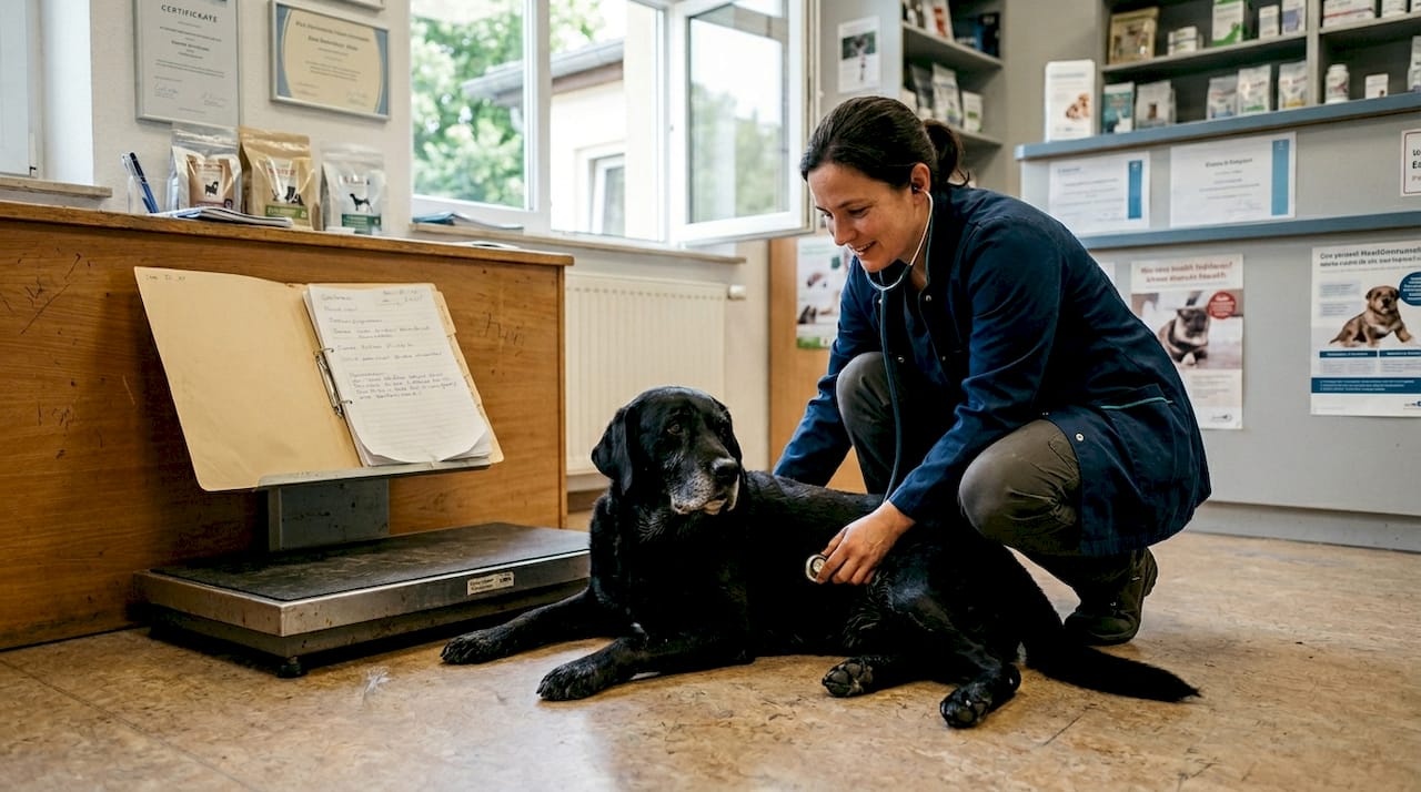 Eine Tierärztin führt einen Gesundheitscheck bei einem entspannten Hund durch.