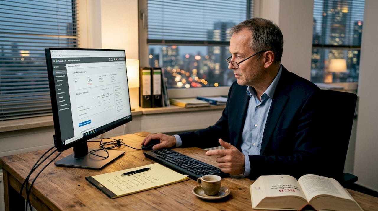 Ein Anwalt sitzt am Schreibtisch und optimiert seine Google Ads-Kampagnen.