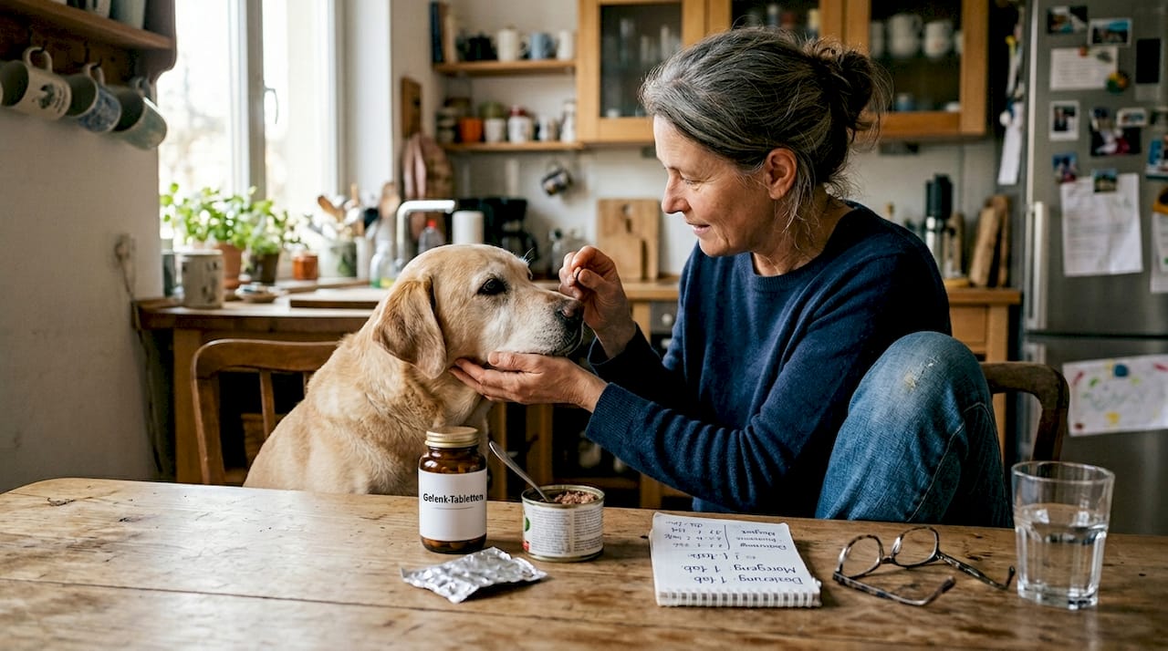 Eine Frau gibt ihrem Hund ein gesundheitsförderndes Zusatzmittel.