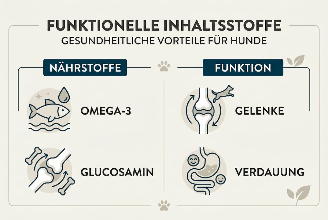 Diese Infografik veranschaulicht anschaulich, welche Vorteile funktionelle Inhaltsstoffe für Hunde bieten.