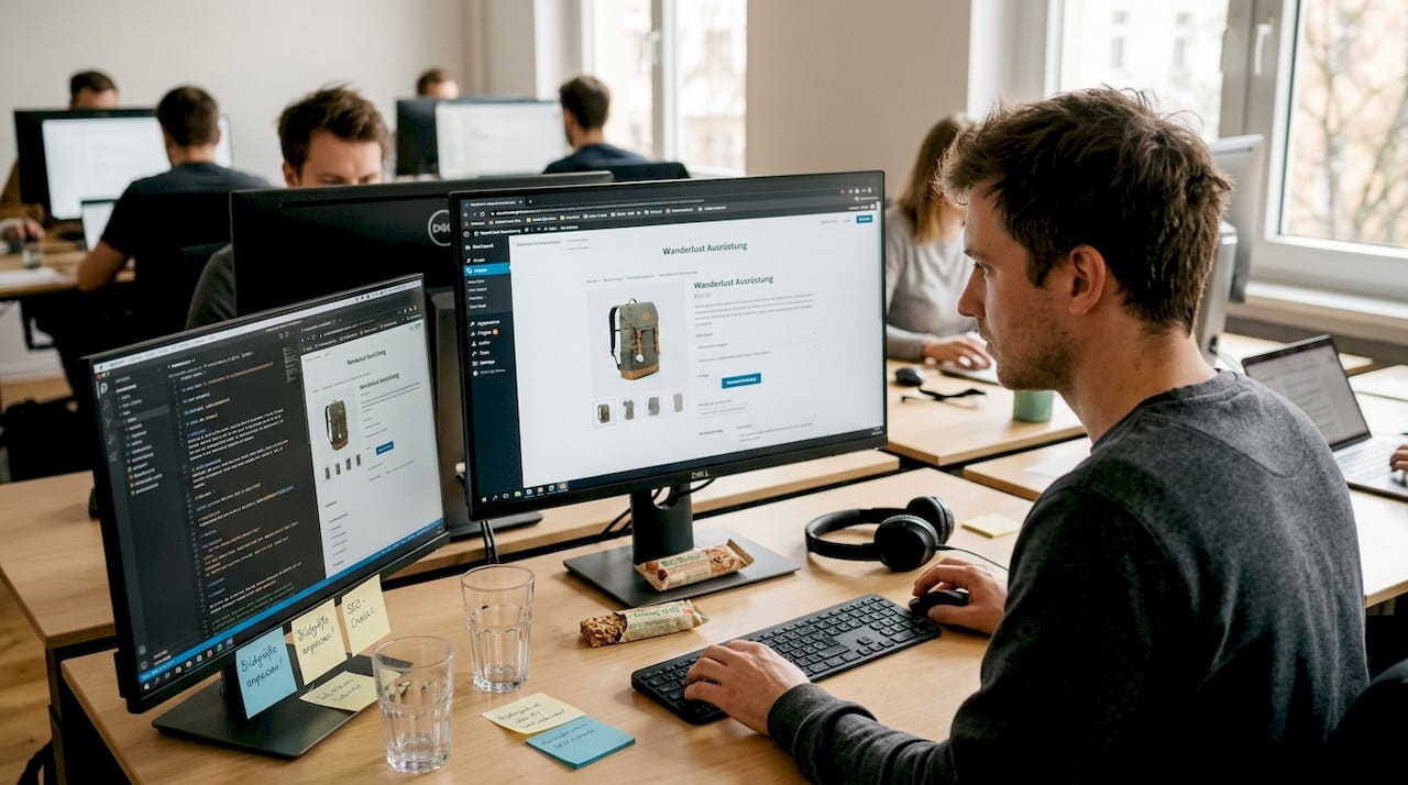 Ein Mann sitzt an einem Gemeinschaftsschreibtisch und arbeitet daran, die Produktseite übersichtlich zu gestalten.