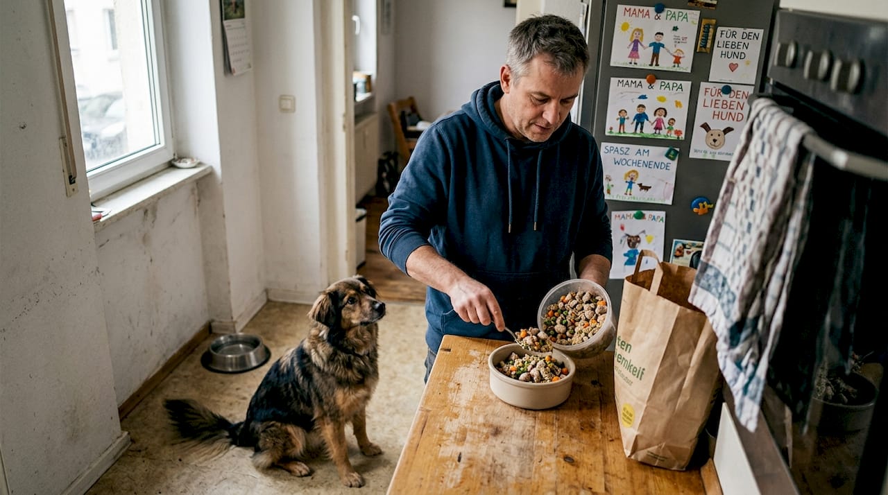 Ein Mann bereitet in seiner Küche frisches Futter für seinen Hund zu.