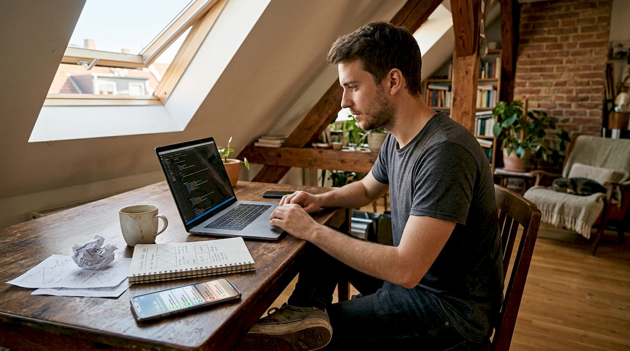 Ein Webentwickler sorgt mit seinem Laptop dafür, dass Websites blitzschnell geladen werden.