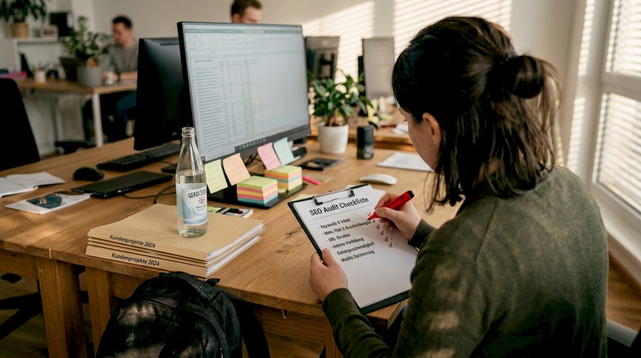 Ein Berater setzt im Büro die wichtigsten Punkte seiner SEO-Checkliste ganz oben auf die Prioritätenliste.