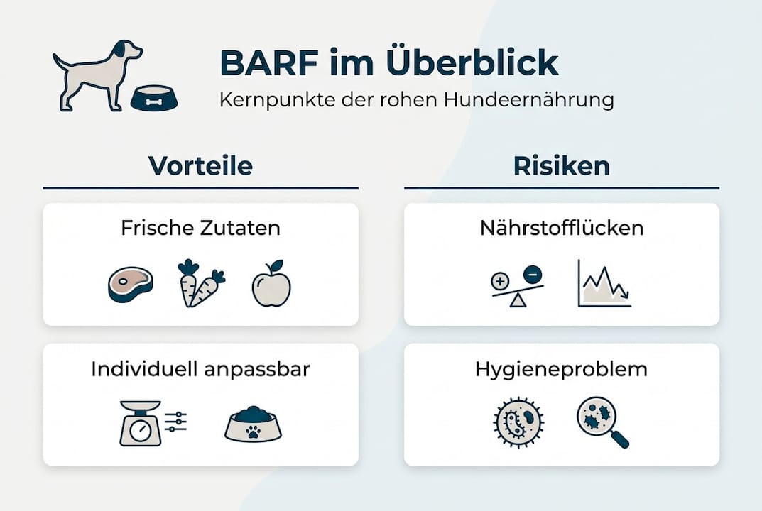 Eine übersichtliche Infografik fasst die Vor- und Nachteile von BARF auf einen Blick zusammen.