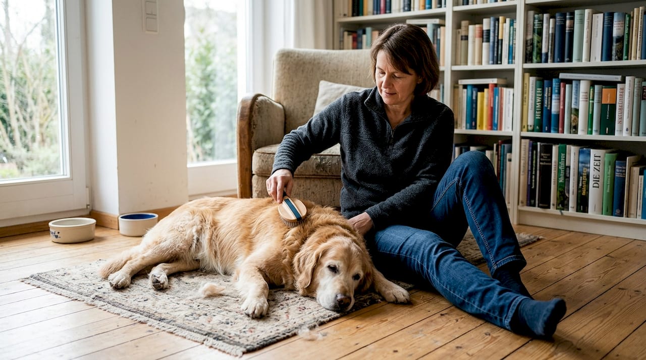 Eine Frau bürstet ihren Hund, um das Fell zu pflegen.