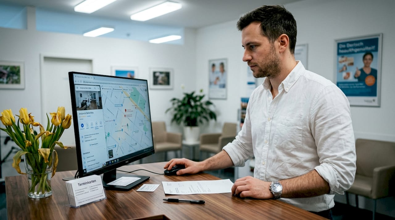 Eine Rezeptionistin sucht die Adresse der Praxis bei Google Maps.