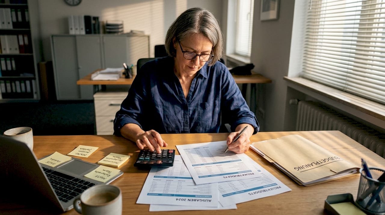 Ein Berater erstellt im Büro eine detaillierte Budgetplanung.