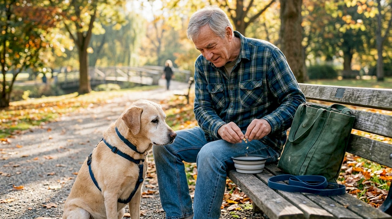 Ein Mann gibt seinem älteren Hund draußen ein Gelenkpräparat.