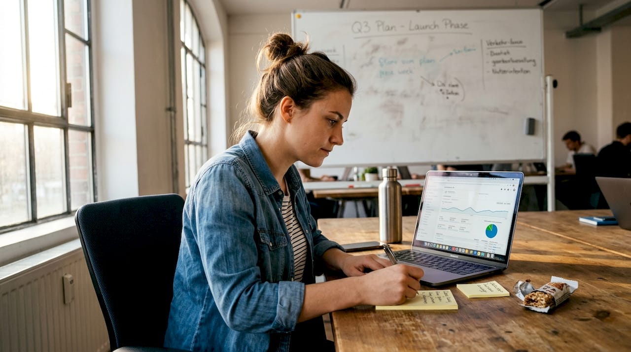 Eine Marketingexpertin sitzt am Schreibtisch und wertet die aktuellen SEO-Kennzahlen aus.