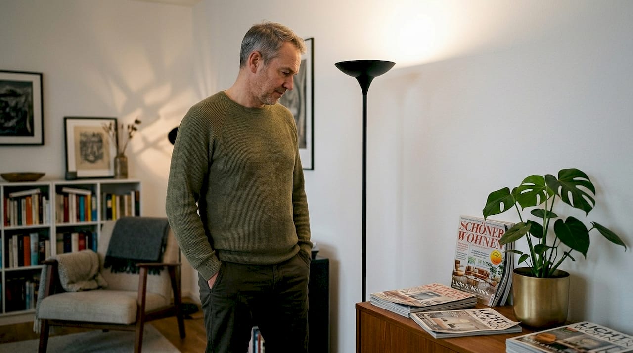 Ein Mann testet die Wirkung eines Wandfluters im Wohnzimmer.