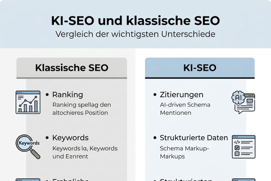 Die Infografik veranschaulicht die wichtigsten Unterschiede zwischen KI-basiertem SEO und herkömmlicher Suchmaschinenoptimierung.