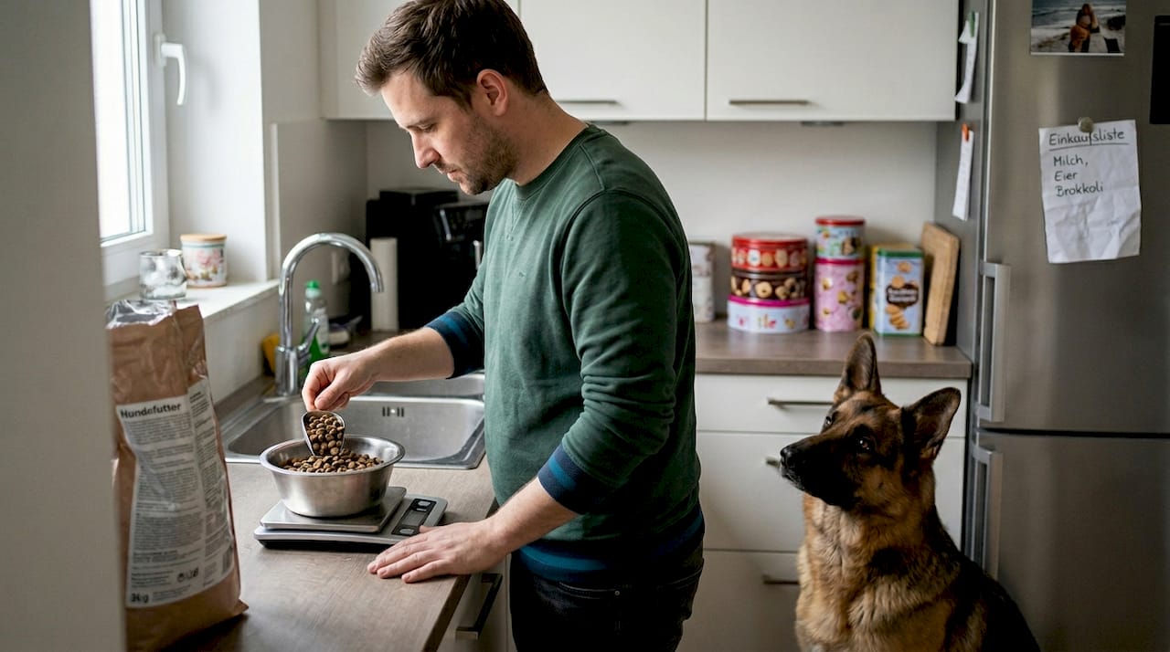 Ein Mann portioniert das Hundefutter in der Küche ab.