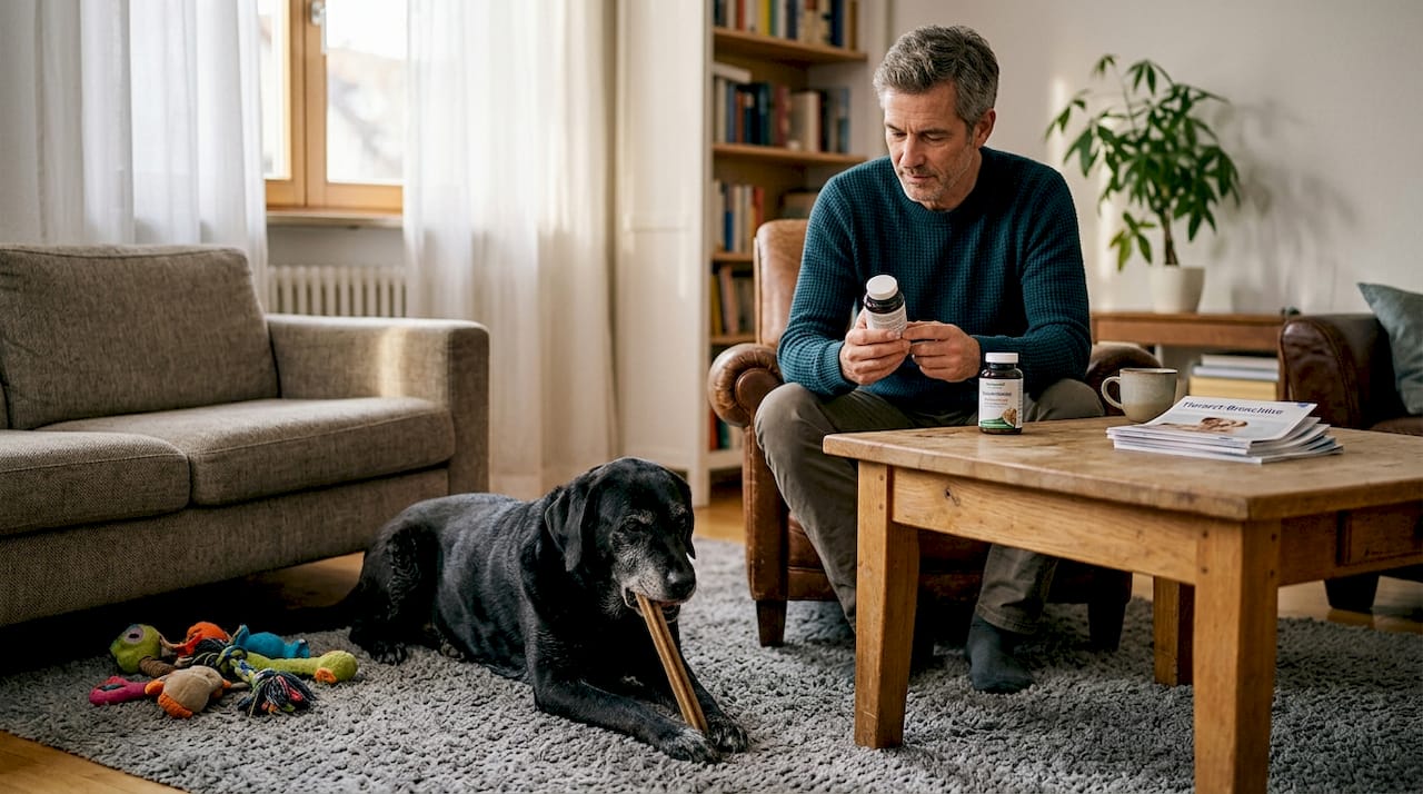 Während sich der Hund entspannt, wirft der Besitzer einen Blick auf das Gelenkpräparat.