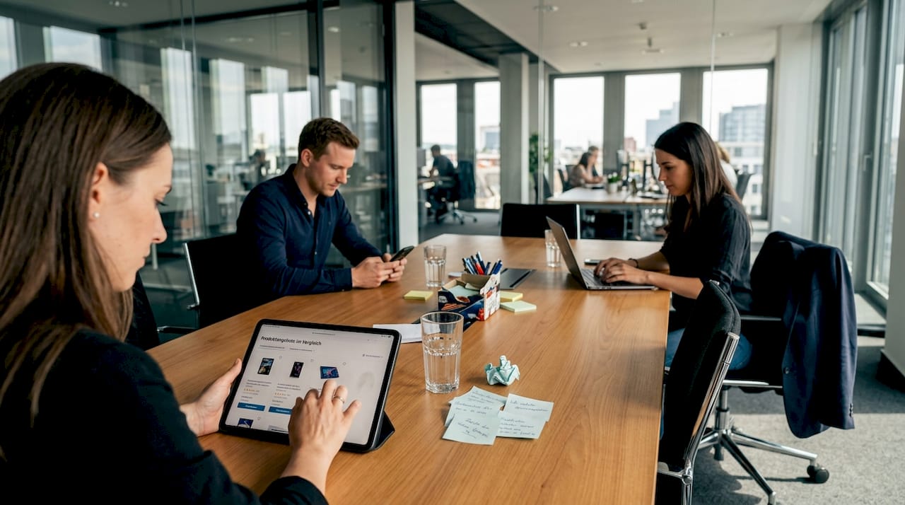 Ein Team entwickelt im Büro eine Omnichannel-Strategie.