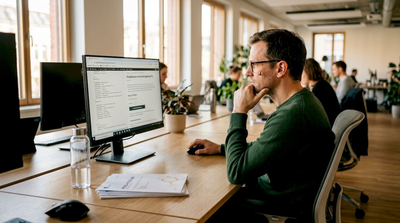Ein Mann betrachtet im Büro eine übersichtlich gestaltete Produktseite auf seinem Bildschirm.