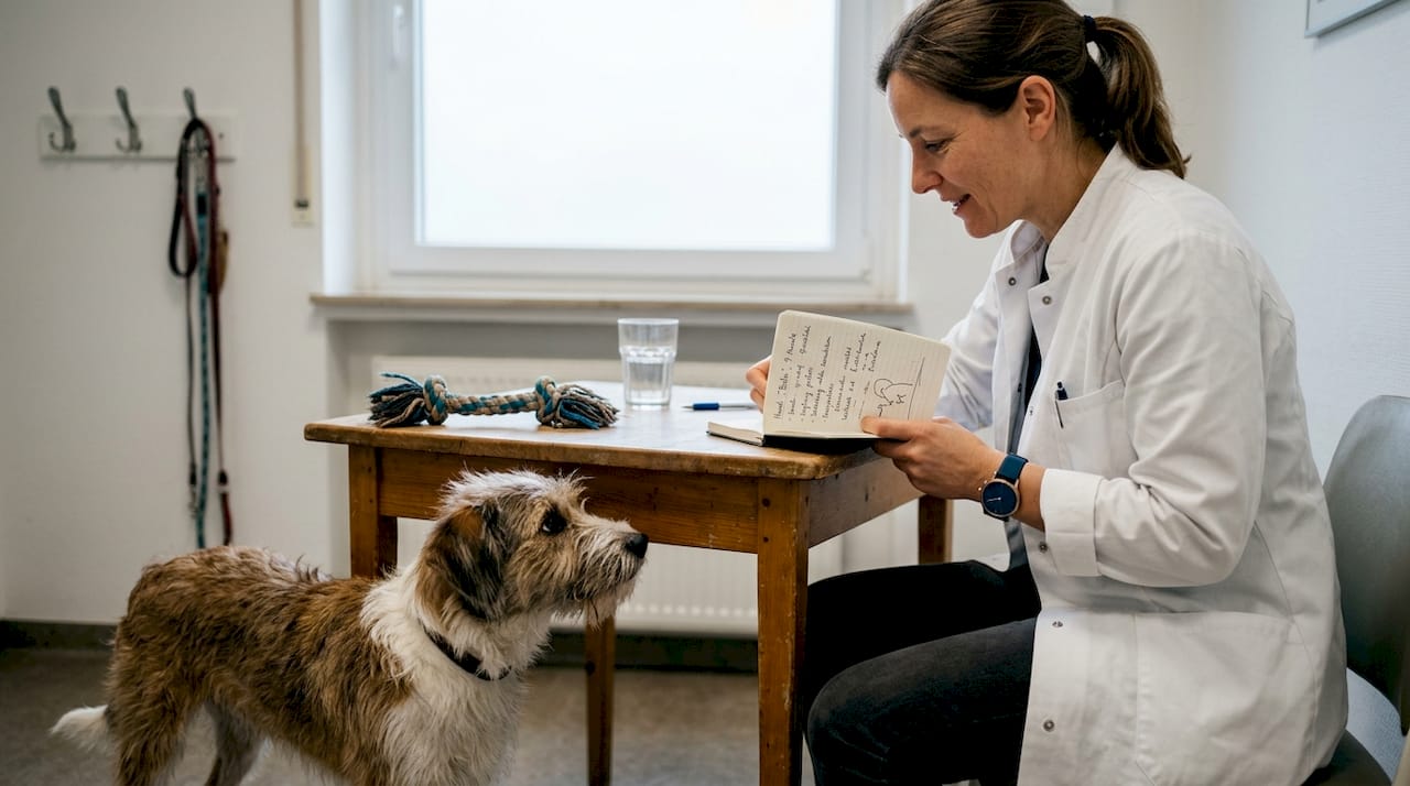 Die Tierärztin nimmt sich Zeit für ein ausführliches Gespräch mit der Hundebesitzerin und ihrem Vierbeiner am Behandlungstisch.