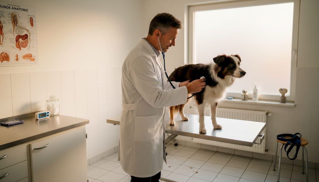 Ein Tierarzt führt in der Praxis eine Untersuchung bei einem Hund durch.