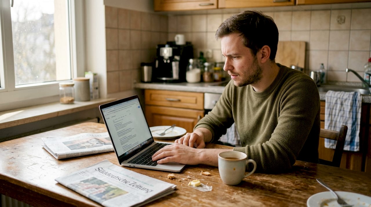 Ein Nutzer sitzt am Küchentisch und geht konzentriert die Suchergebnisse durch.