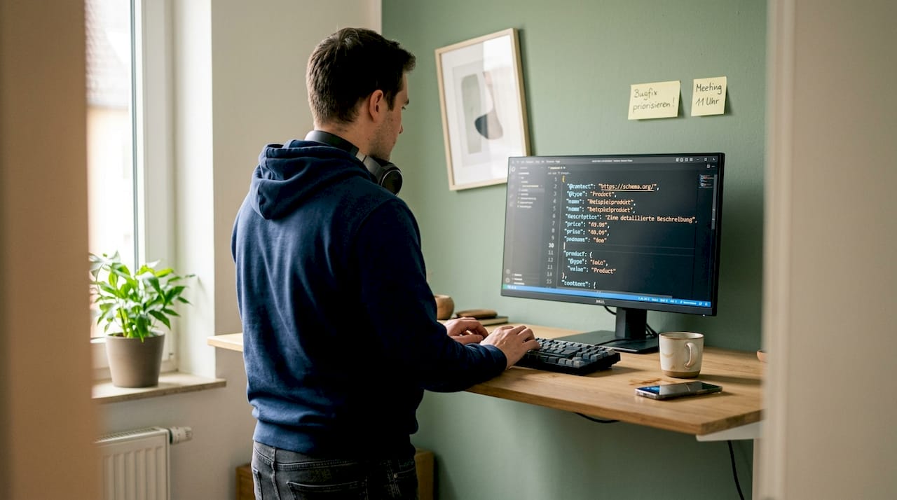 Ein Entwickler arbeitet am Stehpult und aktualisiert das Produktschema.