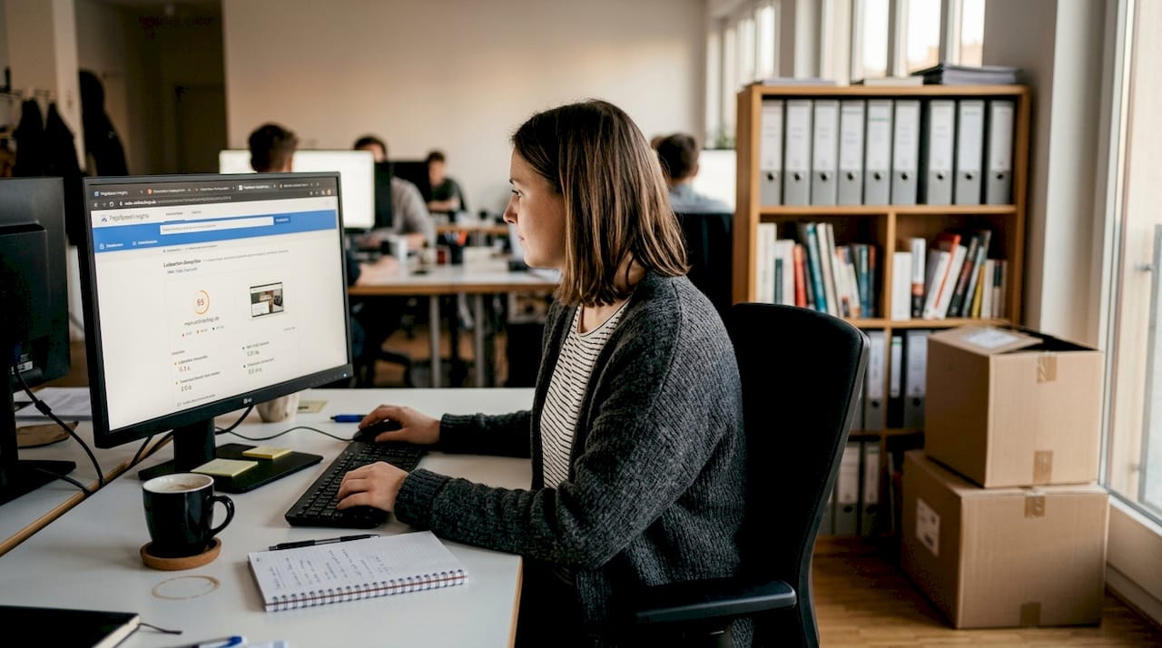 Eine Mitarbeiterin überprüft, wie schnell die Produktseiten laden.