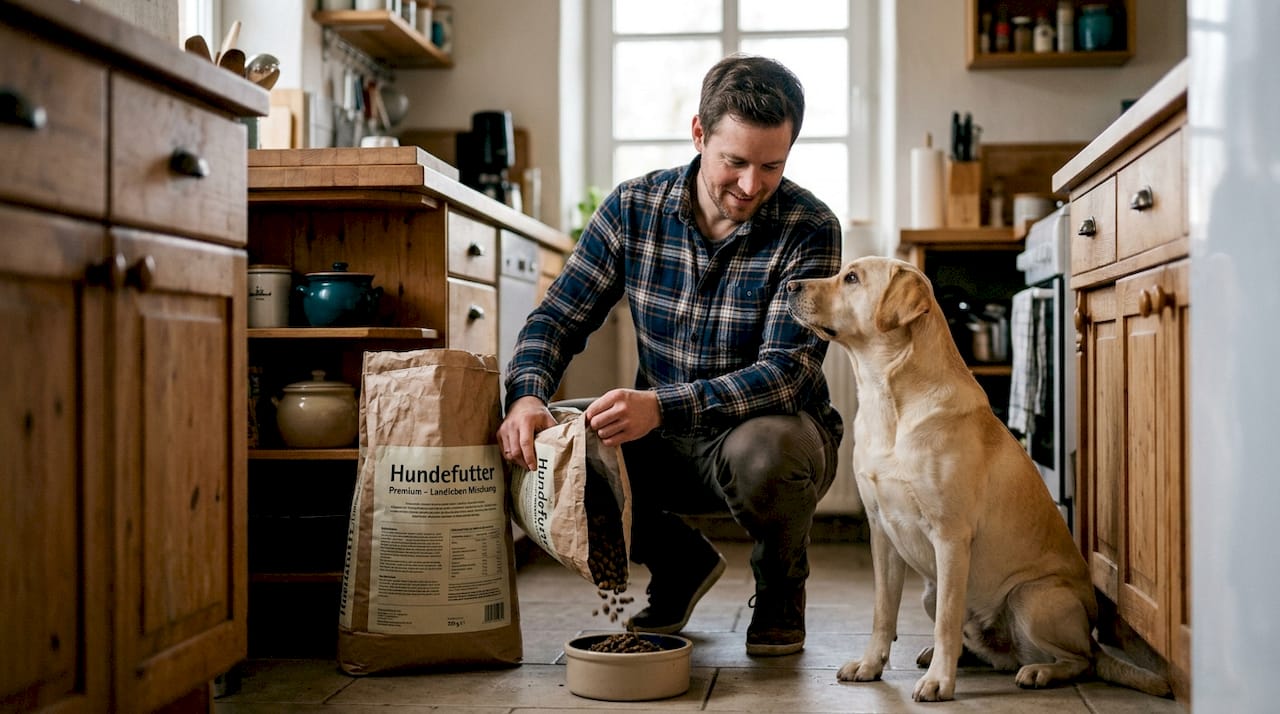 In der Küche gibt ein Mann seinem Hund Trockenfutter.