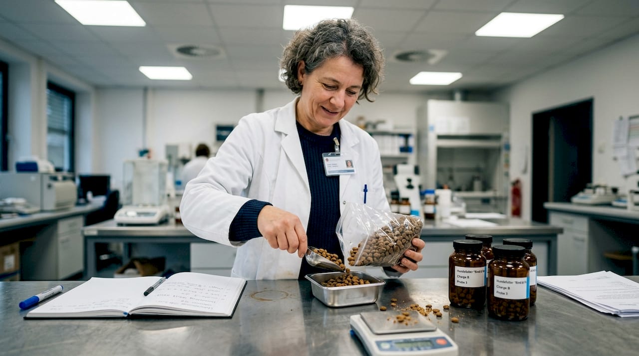 Im Labor untersucht ein Mitarbeiter eine Probe Hundefutter auf dem Labortisch.