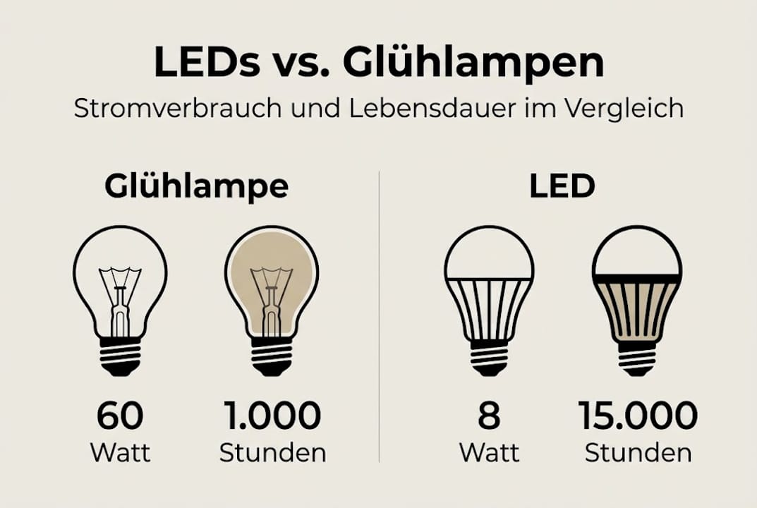 Infografik: Effizienzvergleich zwischen LED-Lampen und klassischen Glühbirnen