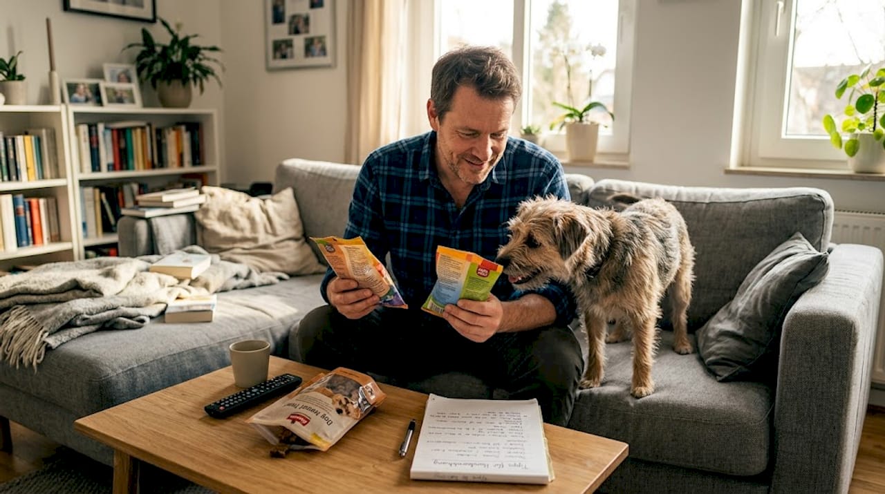Ein Mann sitzt gemütlich auf dem Sofa und vergleicht verschiedene Hundesnacks miteinander.