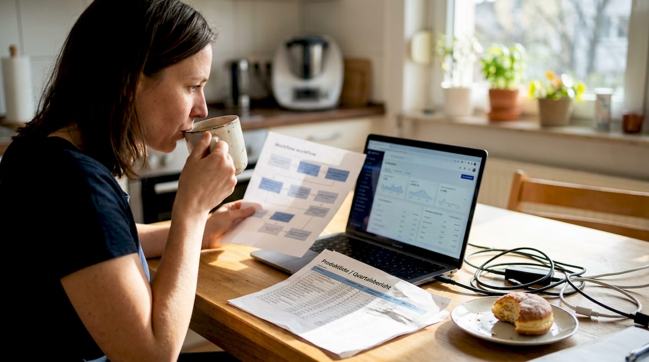 Ein Ladenbesitzer sitzt am Küchentisch und pflegt neue Produkte in seinen Onlineshop ein.