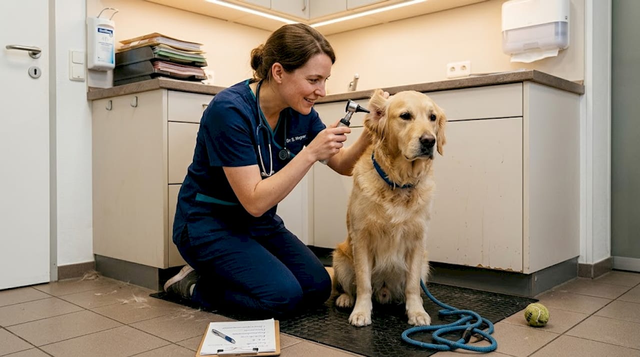 Eine Tierärztin führt eine Untersuchung bei einem Hund in ihrer Praxis durch.