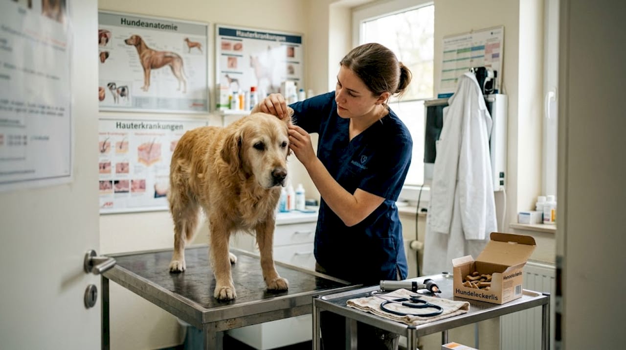 Eine Tierärztin macht einen Gesundheitscheck bei einem älteren Hund in ihrer Praxis.