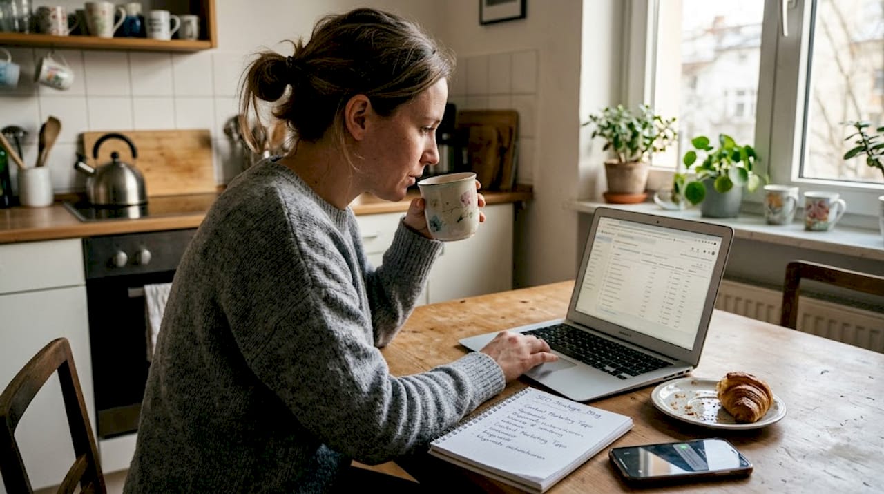 Ein Marketing-Profi sitzt am Küchentisch und recherchiert nach passenden Suchbegriffen.