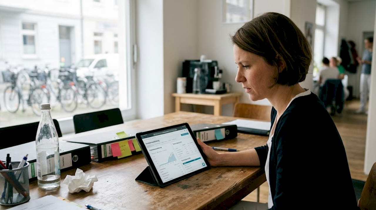 Die Praxismanagerin wirft am Konferenztisch einen Blick auf die aktuellen Analysedaten.