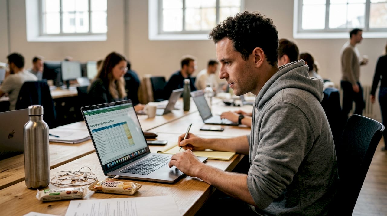 Eine Datenanalystin wirft im Büro einen genauen Blick auf aktuelle Kennzahlen.