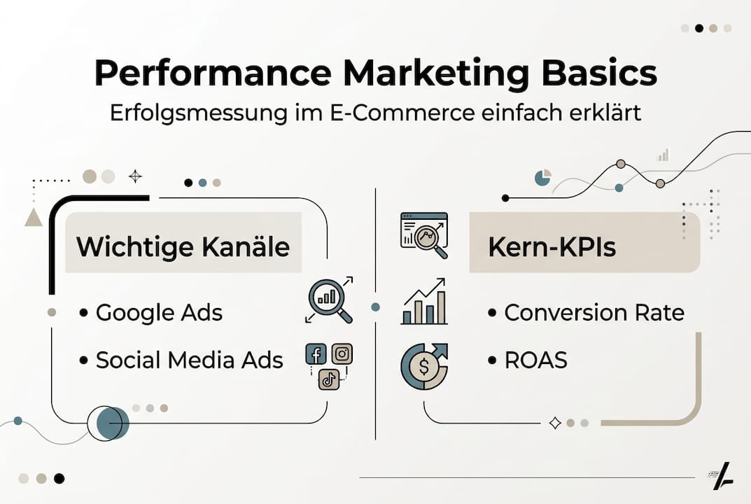 Übersichtsgrafik: Performance-Marketing – Kanäle und wichtigste Kennzahlen auf einen Blick