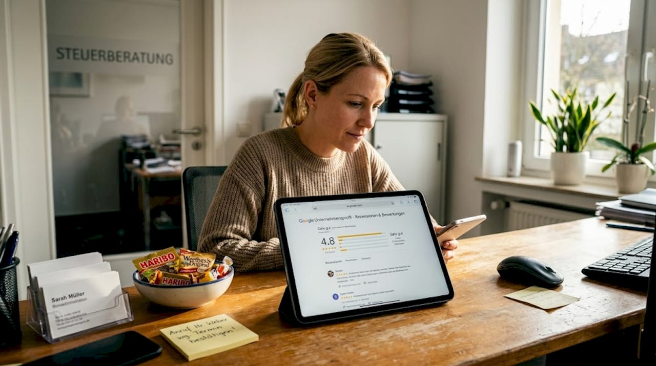 Ein Mitarbeiter im Finanzamt überprüft die Google-Bewertungen der Behörde.