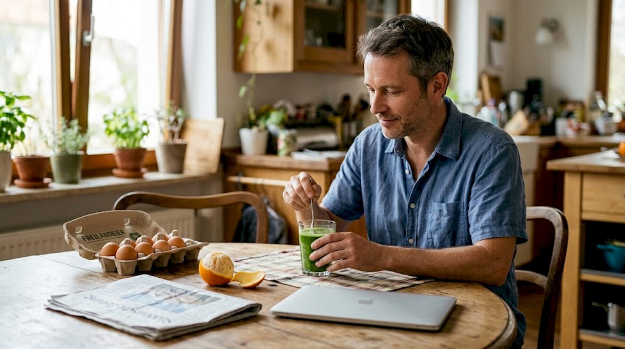 Ein Mann rührt einen frisch zubereiteten Weizengrassaft an, um sich einen Energieschub zu holen.