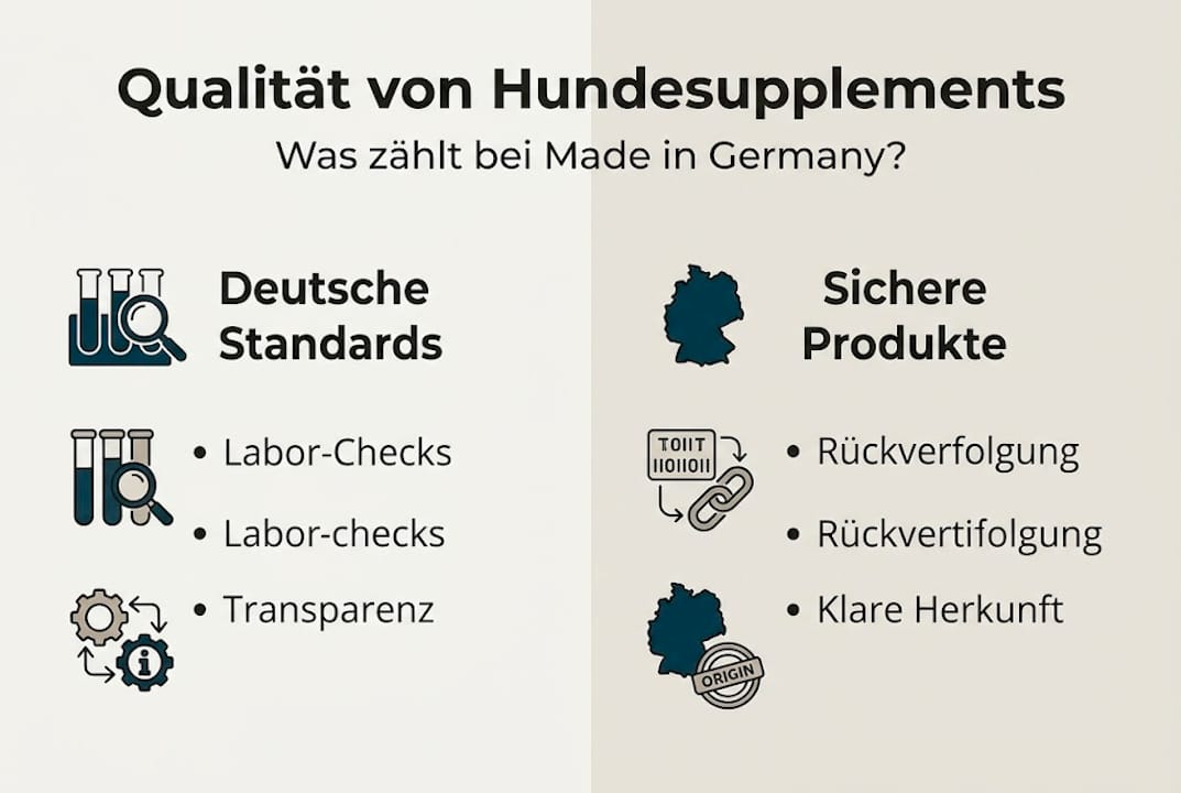 Diese Infografik veranschaulicht, wie hochwertig deutsche Nahrungsergänzungsmittel für Hunde sind.