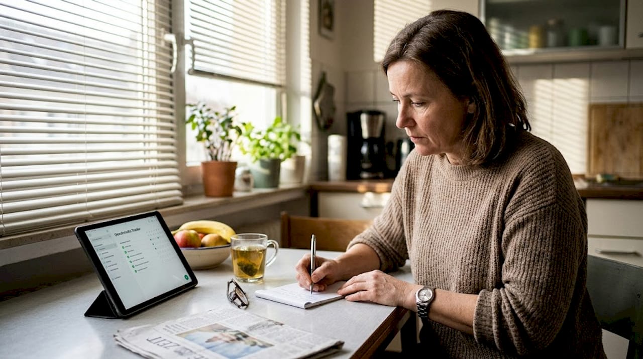 Eine Frau sitzt am Küchentisch und überlegt, wie sie ihren Alltag mit weniger Stress gestalten kann.